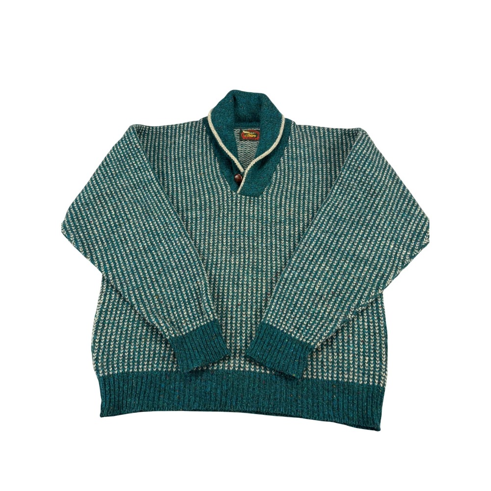Alps Vintage Mens Teal Green Shawl Collar Birds Eye Knit Sweater Made in USA L